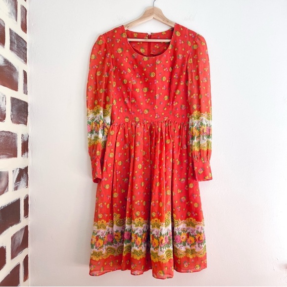 Montgomery Ward Dresses & Skirts - Montgomery Ward Vintage 70’s Floral Boho Long Puff Sleeve Dress In Red Orange